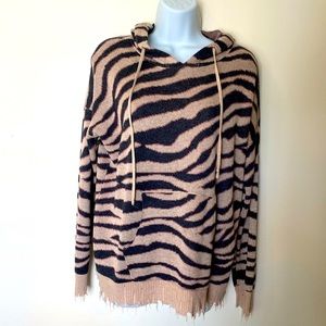 FATE Tan & Black Animal Print Tiger Knit Hooded Sweater with Fringe on Hem, Med